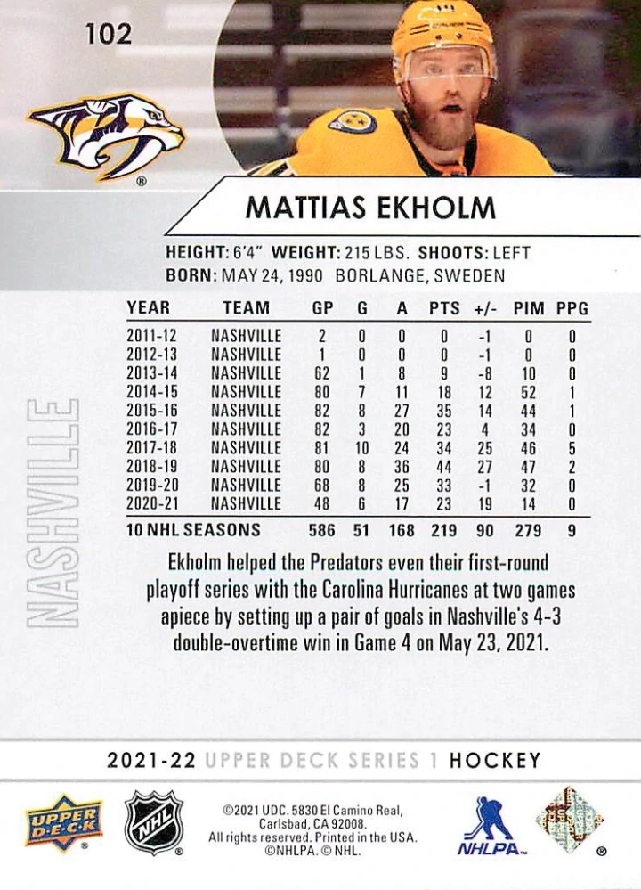2021-22 UD Series 1 - Mattias Ekholm #102