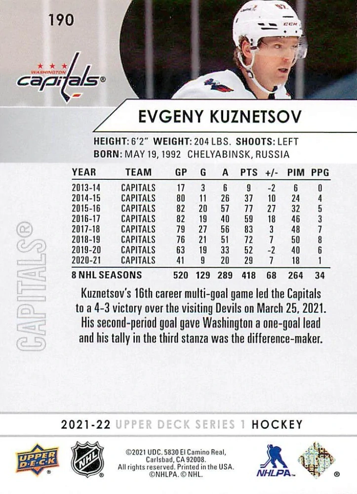2021-22 UD Series 1 - Evgeny Kuznetsov #190