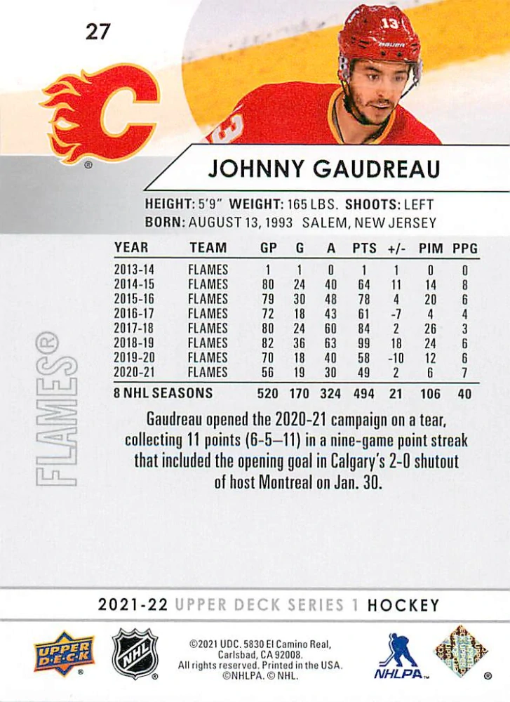 2021-22 UD Series 1 - Johnny Gaudreau #27