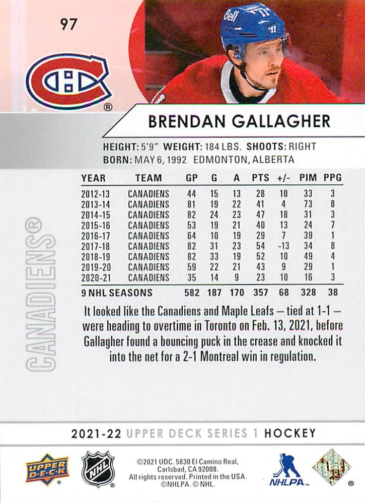 2021-22 UD Series 1 - Brendan Gallagher #97