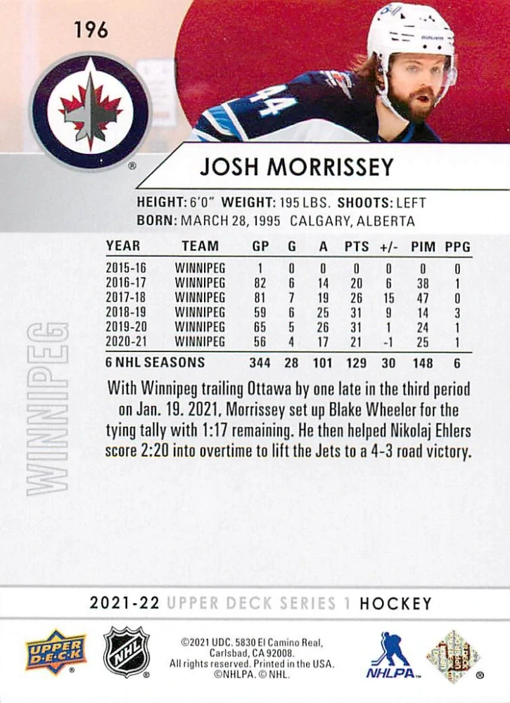 2021-22 UD Series 1 - Josh Morrissey #196