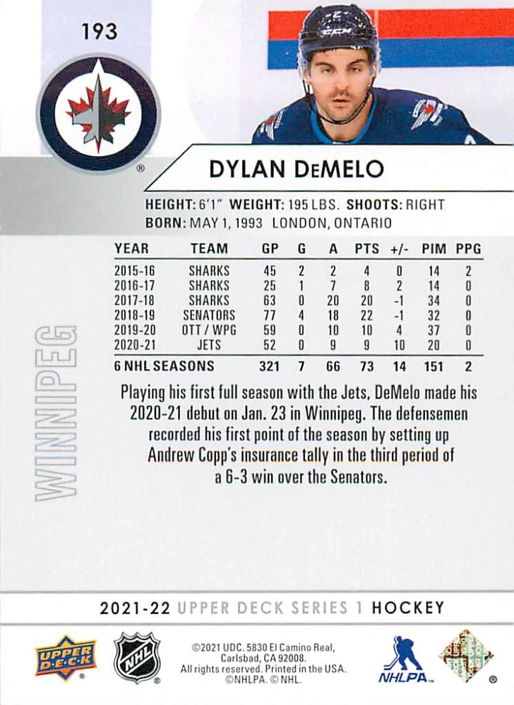 2021-22 UD Series 1 - Dylan DeMelo #193