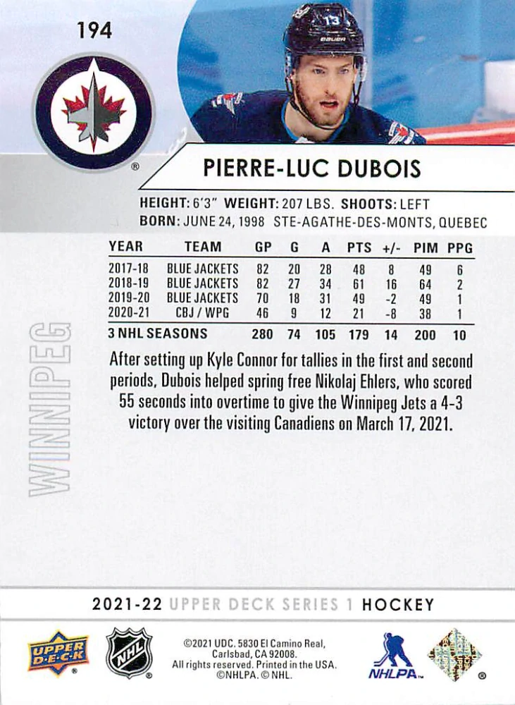 2021-22 UD Series 1 - Pierre-Luc Dubois #194