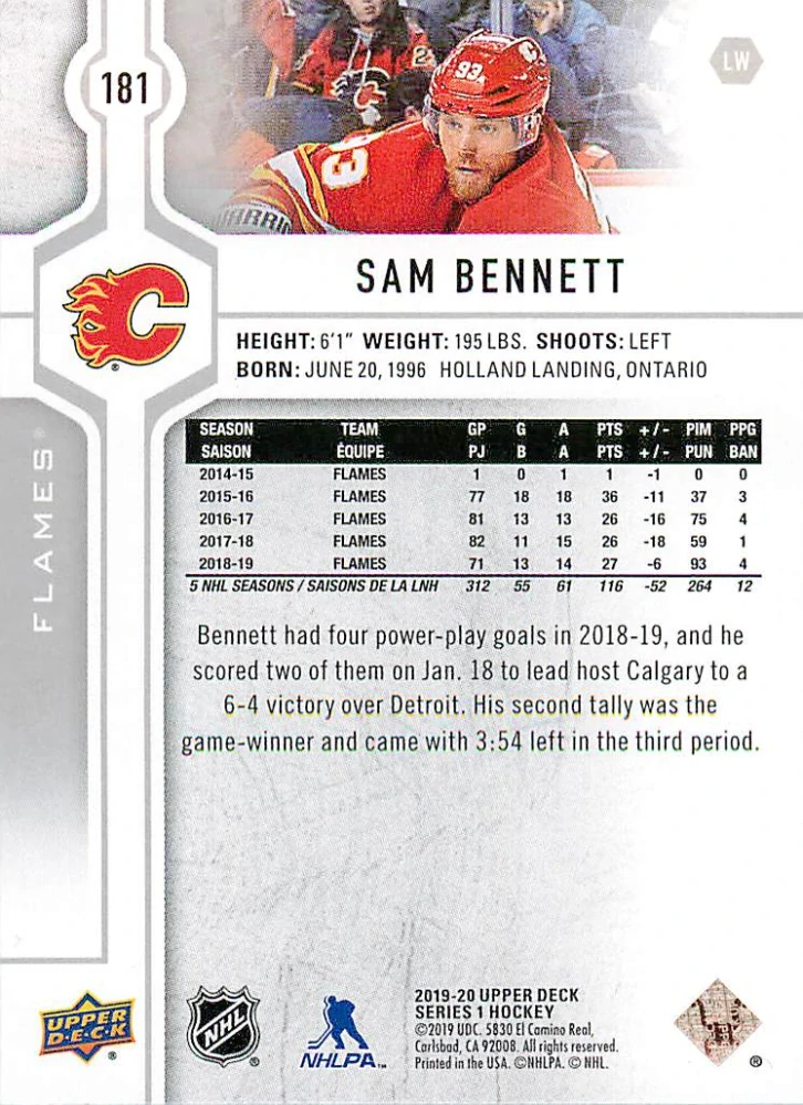 2019-20 UD Series 1 - Sam Bennett #181