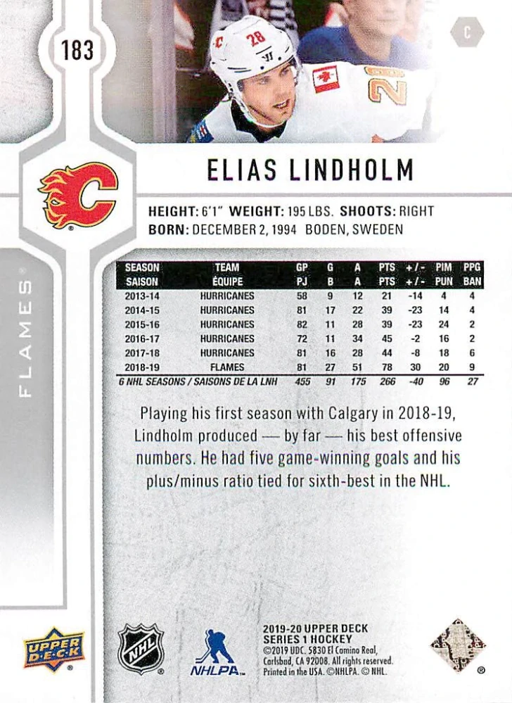 2019-20 UD Series 1 - Elias Lindholm #183