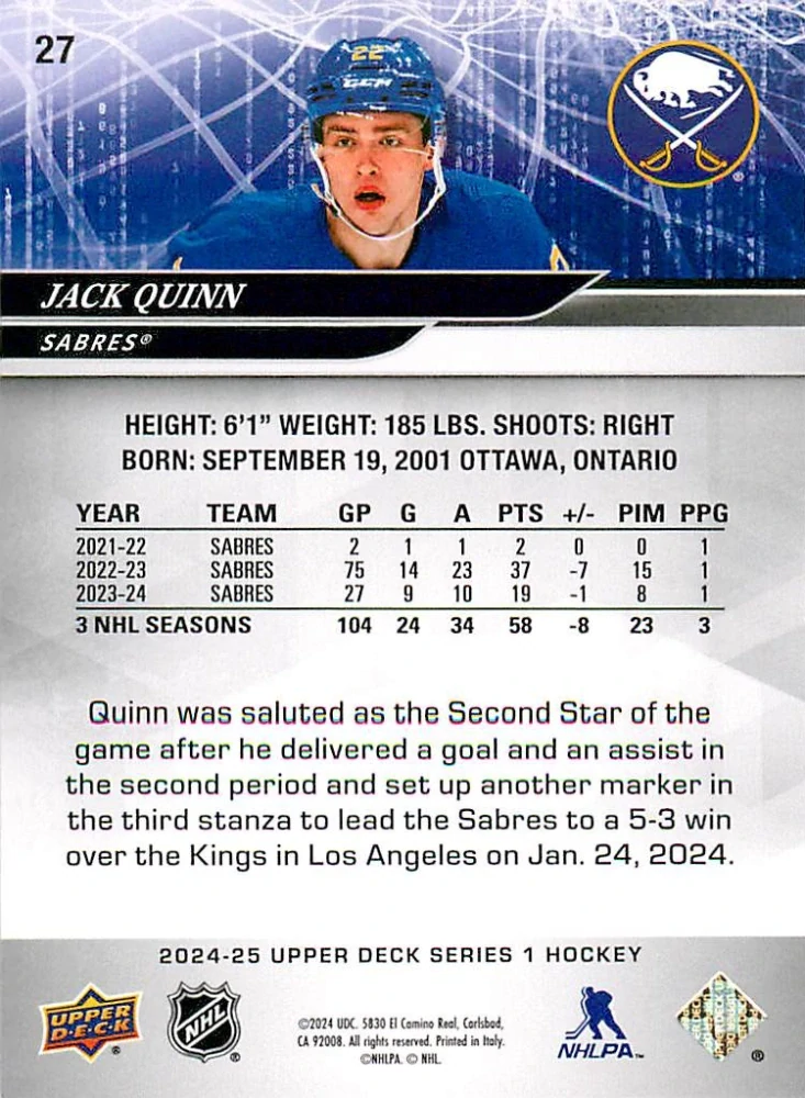 2024-25 UD Series 1 - Jack Quinn #27