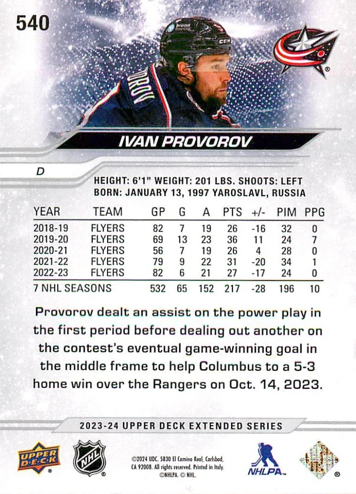 2023-24 UD Extended Series - Ivan Provorov #540