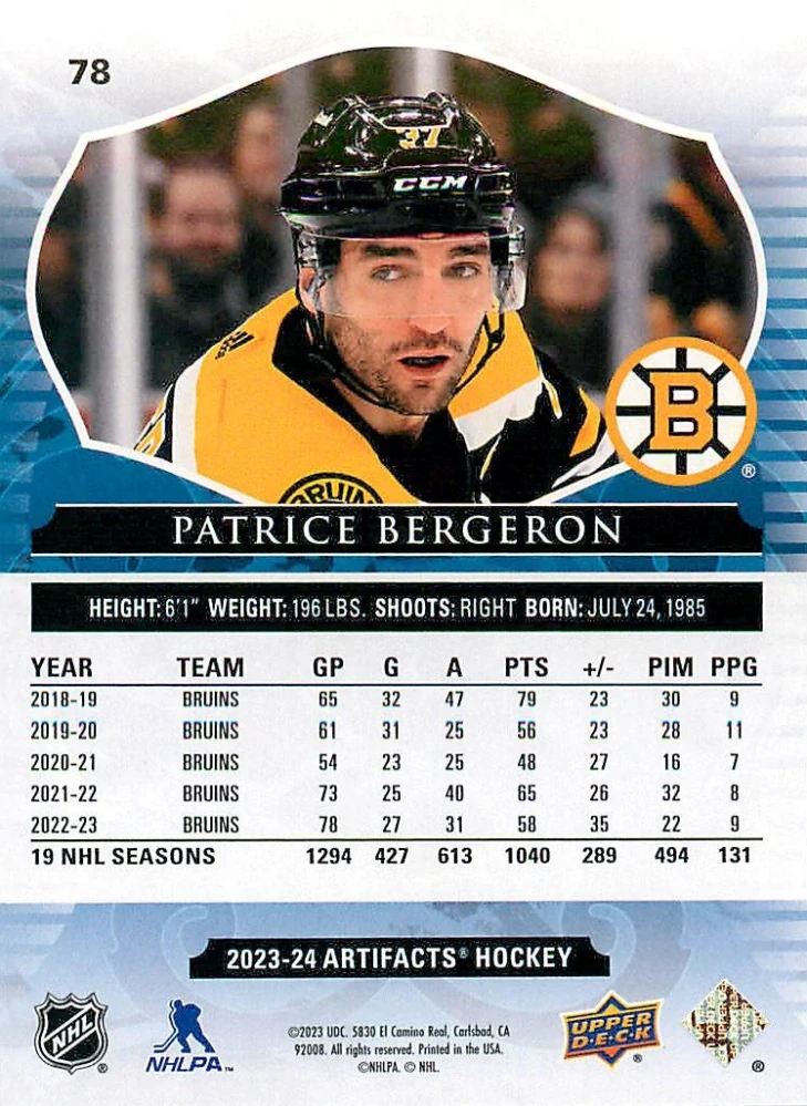2023-24 UD Artifacts - Patrice Bergeron #78