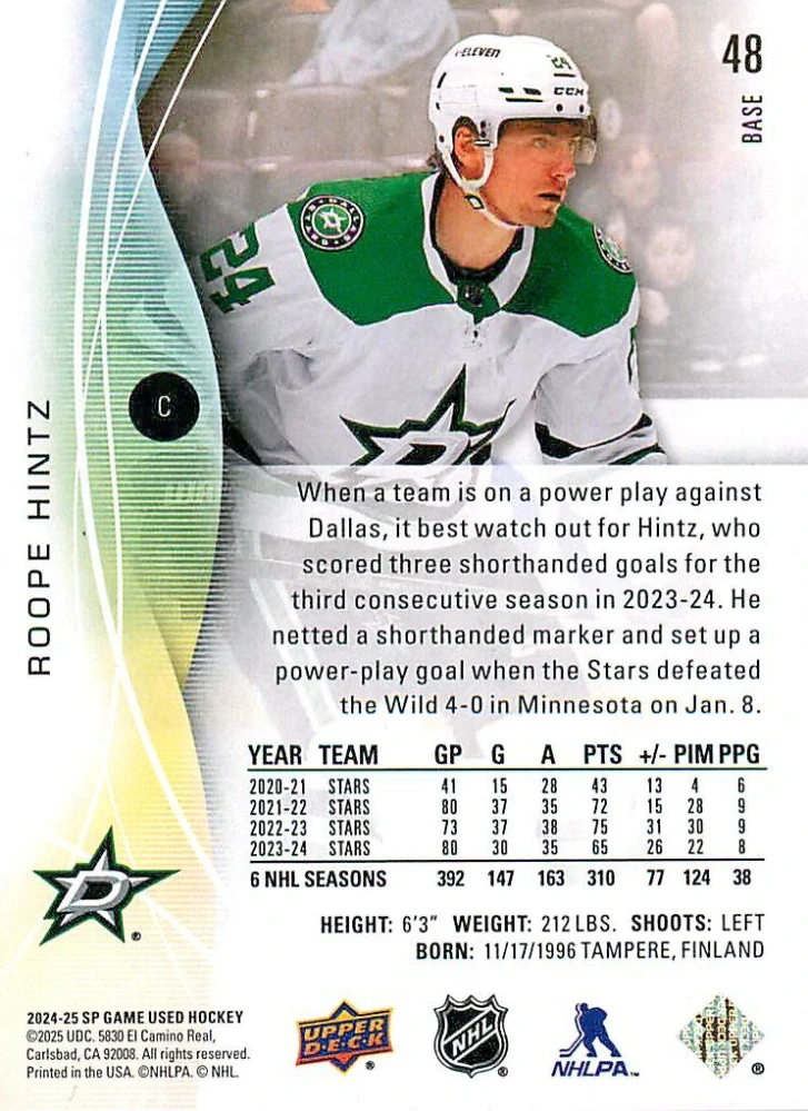 2024-25 UD SP Game Used - Roope Hintz #48