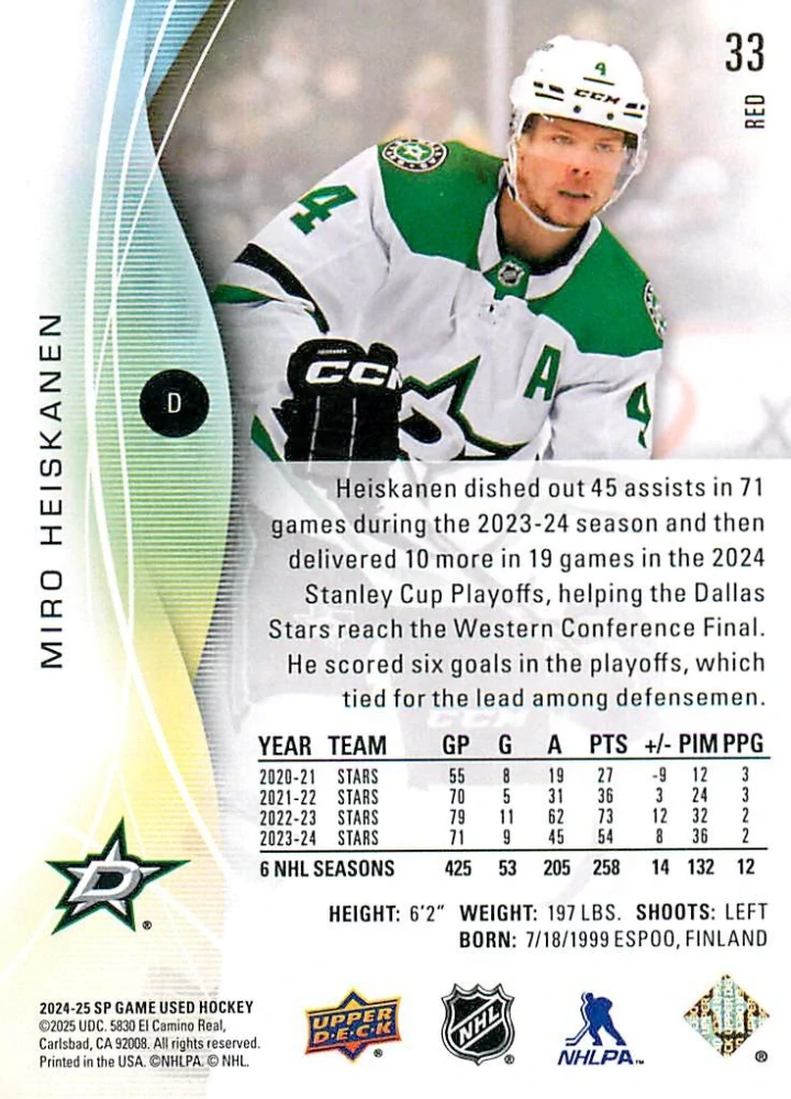 2024-25 UD SP Game Used - Miro Heiskanen - Red #33