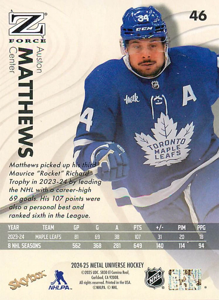 2024-25 UD Skybox Metal Universe - Auston Matthews - Z-Force #46