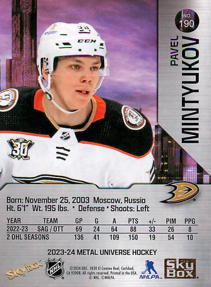 2023-24 UD Skybox Metal Universe - Pavel Mintyukov - Rookie #190