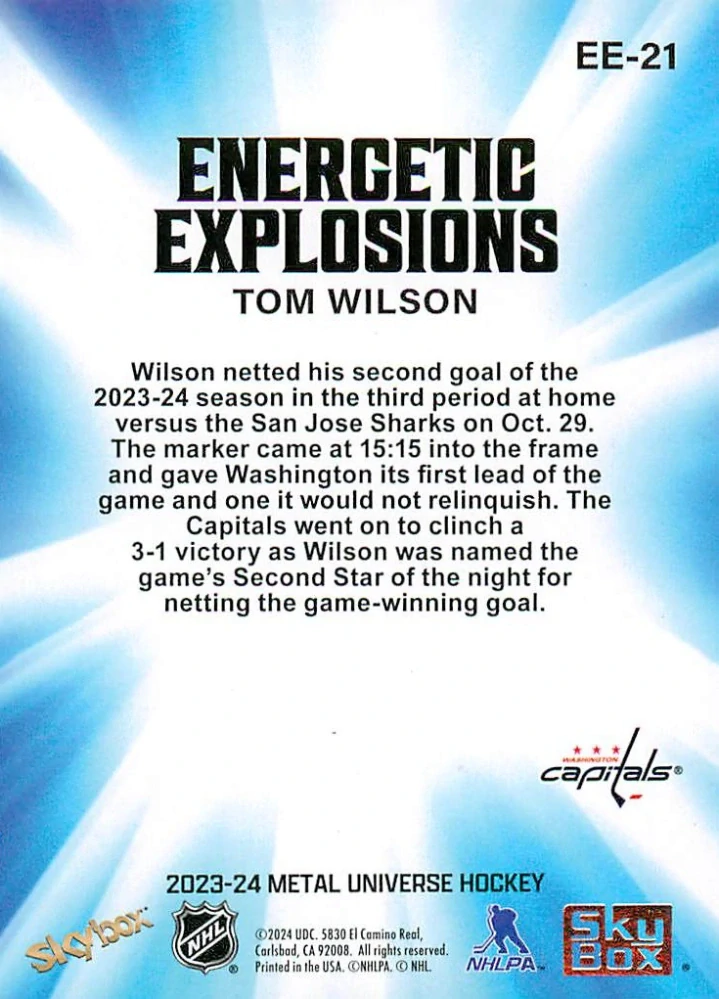 2023-24 UD Skybox Metal Universe - Tom Wilson - Energetic Explosions #EE-21