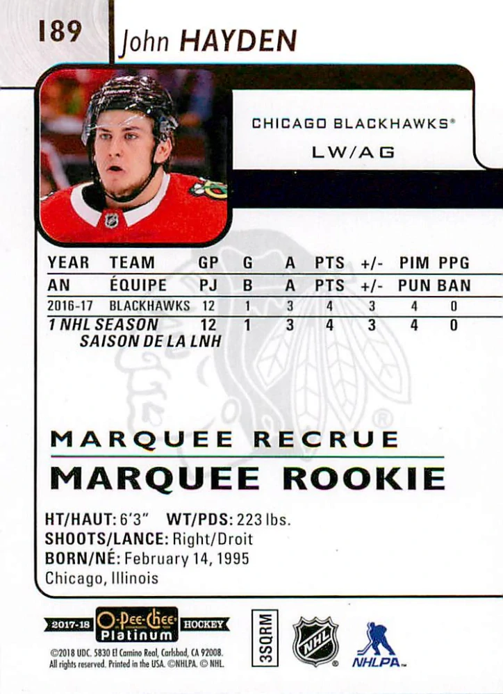 2017-18 UD O-Pee-Chee Platinum - John Hayden - Marquee Rookie #189