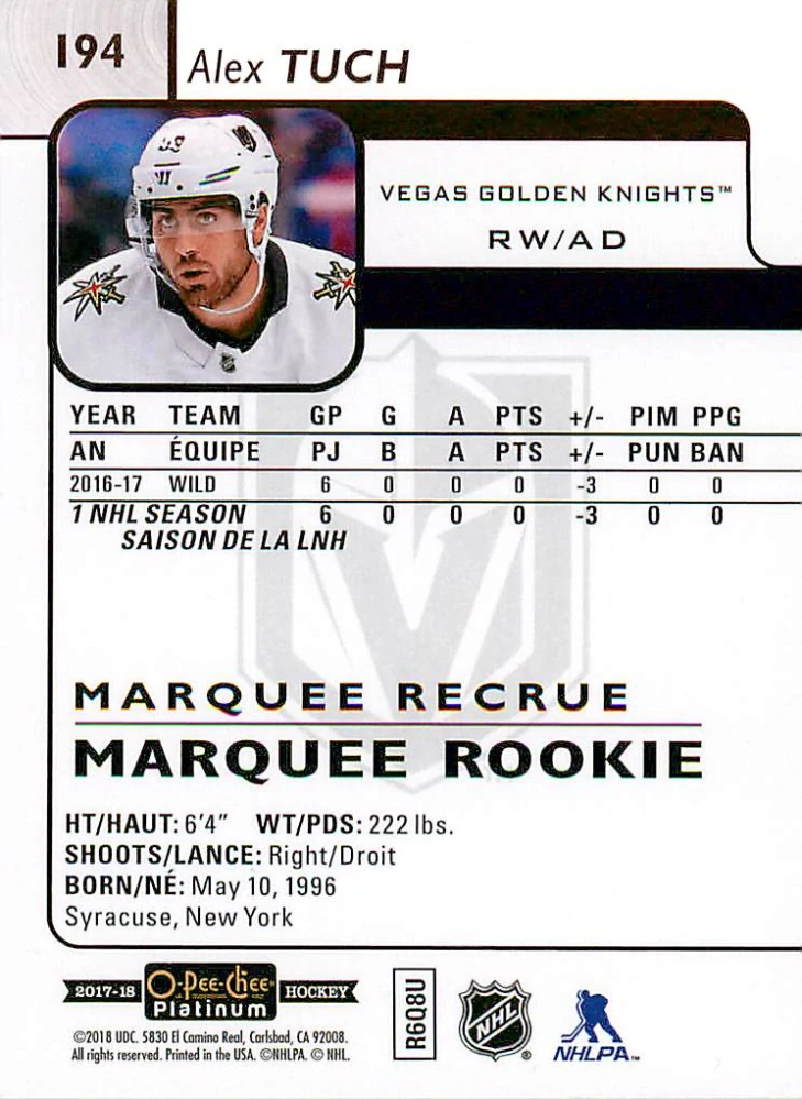 2017-18 UD O-Pee-Chee Platinum - Alex Tuch - Marquee Rookie #194