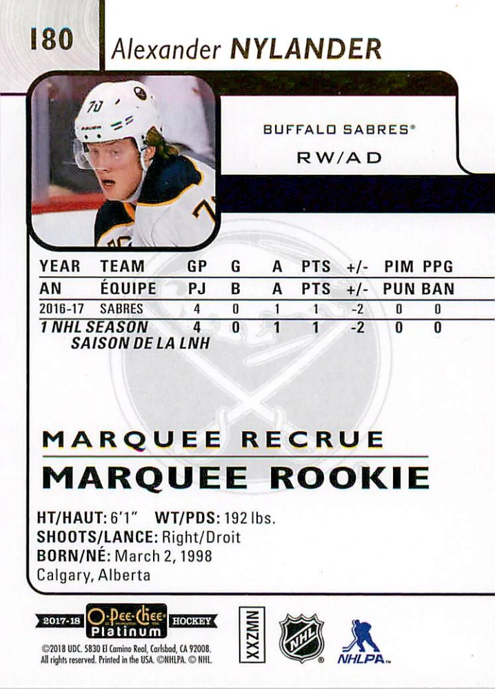 2017-18 UD O-Pee-Chee Platinum - Alexander Nylander - Marquee Rookie #180