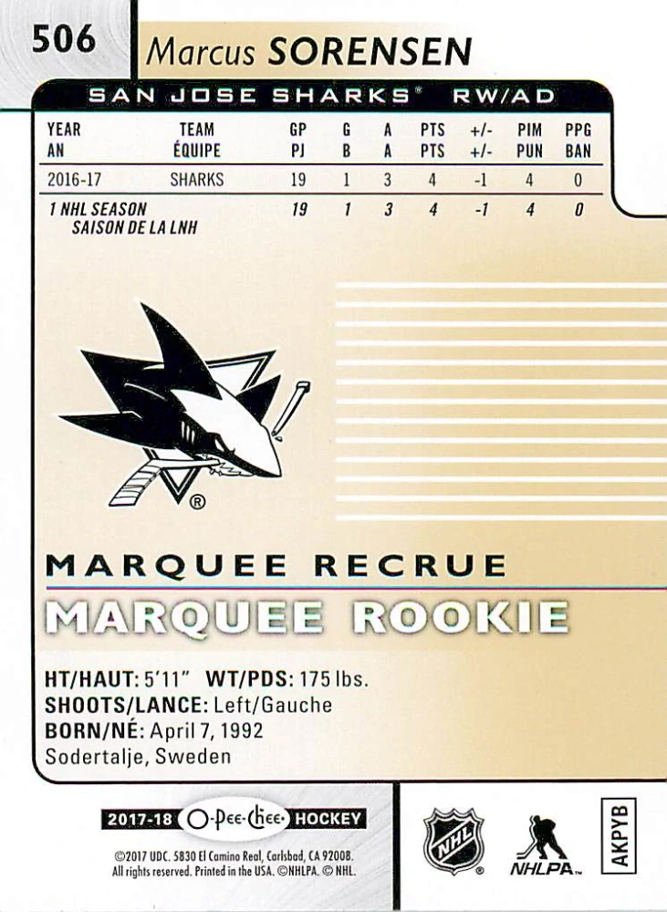 2017-18 UD O-Pee-Chee - Marcus Sorensen - Marquee Rookie - Rainbow Foil #506