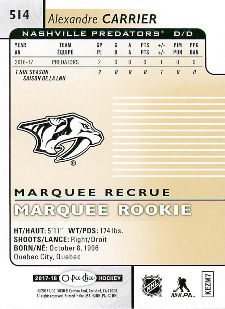 2017-18 UD O-Pee-Chee - Alexandre Carrier - Marquee Rookie - Rainbow Foil #514