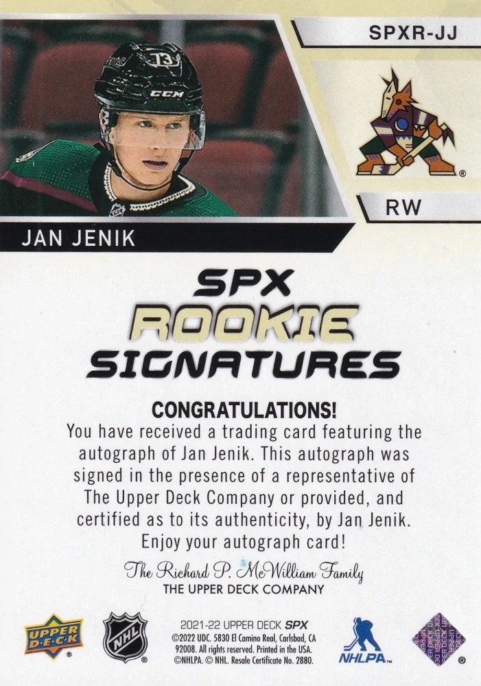 2021-22 UD SPx - Jan Jeník - SPX Rookie Signatures #SPXR-JJ