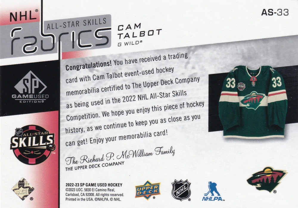 2022-23 UD SP Game Used - Cam Talbot - NHL All-Star Skills Fabrics #AS-33