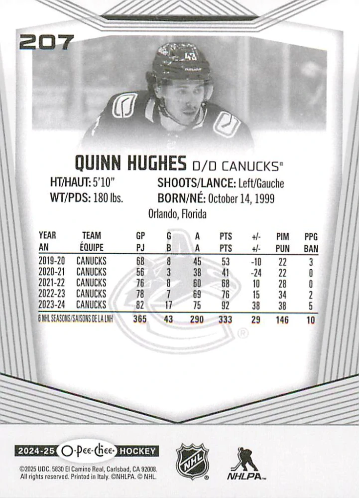 2024-25 UD O-Pee-Chee - Quinn Hughes #207