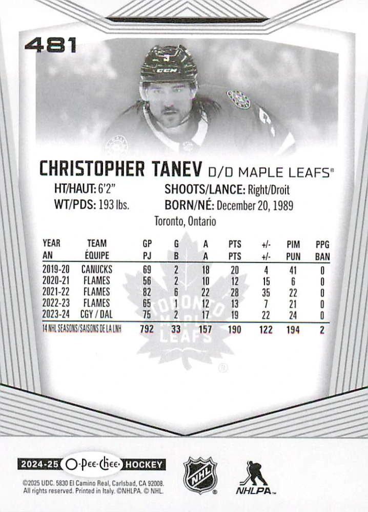 2024-25 UD O-Pee-Chee - Christopher Tanev #481