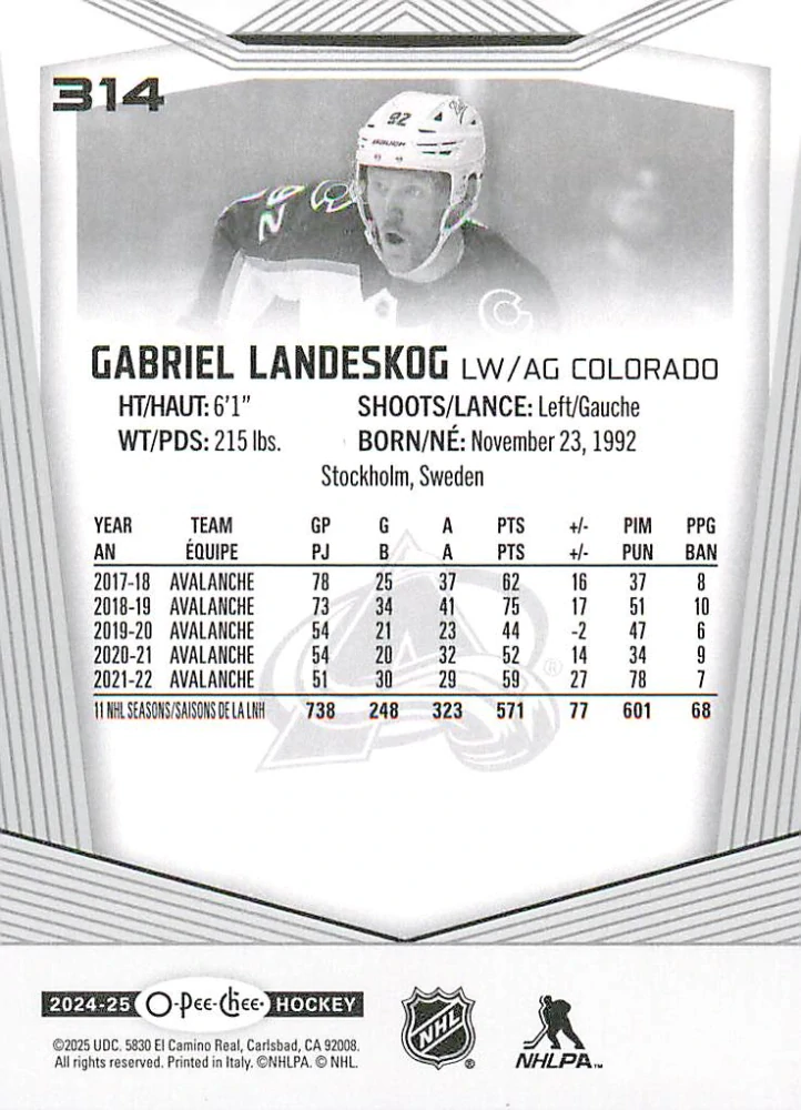 2024-25 UD O-Pee-Chee - Gabriel Landeskog #314
