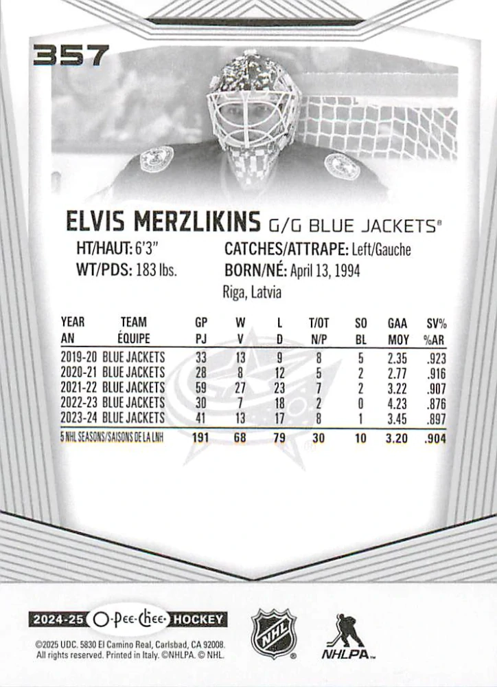 2024-25 UD O-Pee-Chee - Elvis Merzlikins #357
