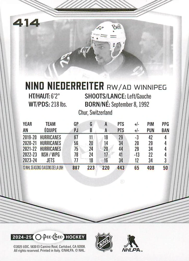 2024-25 UD O-Pee-Chee - Nino Niederreiter #414