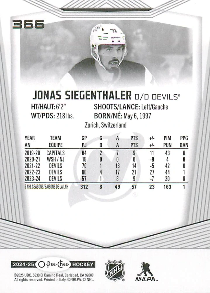 2024-25 UD O-Pee-Chee - Jonas Siegenthaler #366
