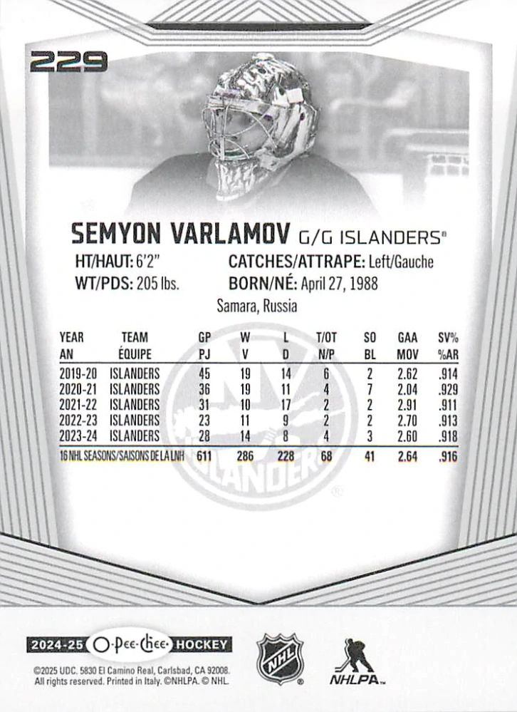2024-25 UD O-Pee-Chee - Semyon Varlamov #229