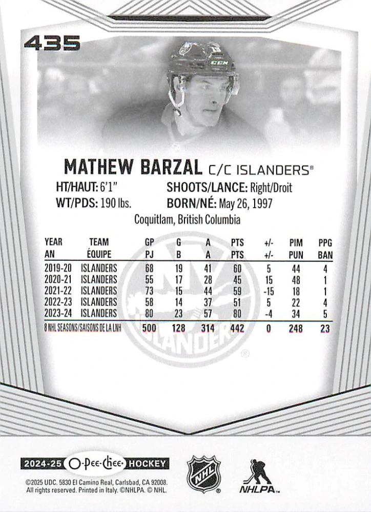 2024-25 UD O-Pee-Chee - Mathew Barzal #435