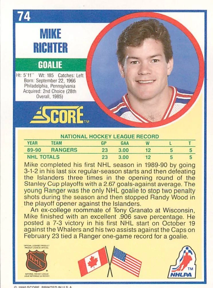 1990-91 Score - Mike Richter (English) #74