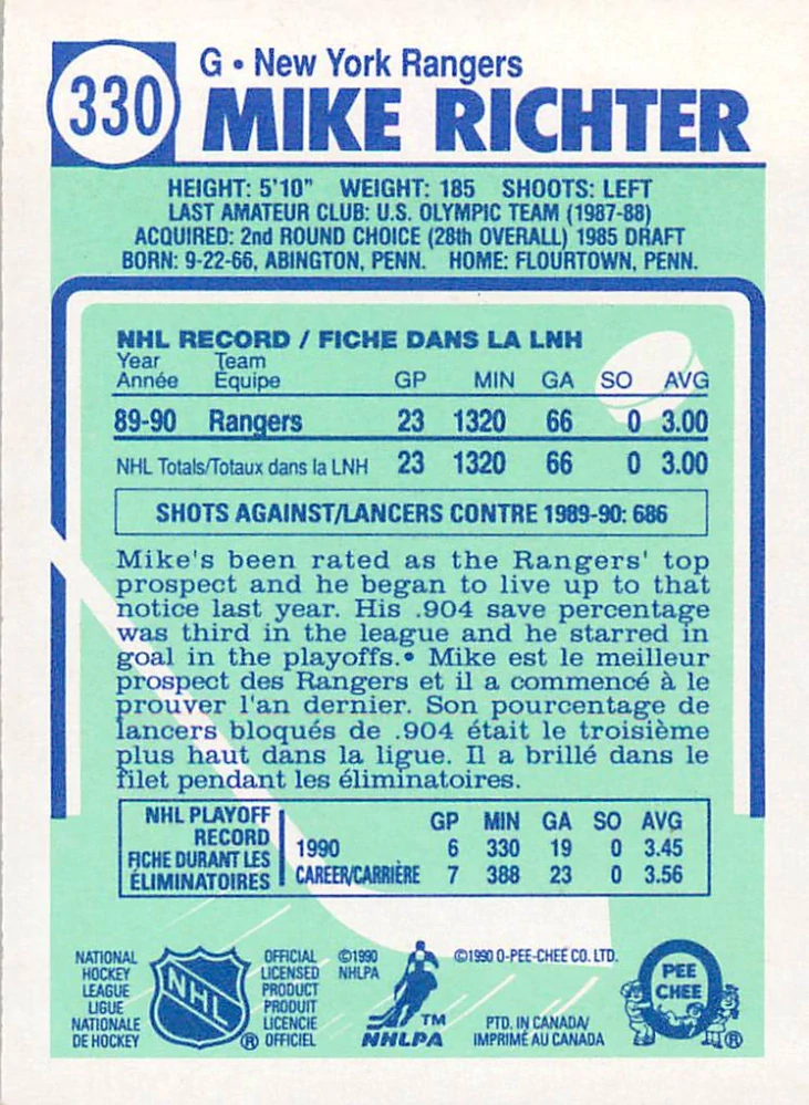 1990-91 O-Pee-Chee - Mike Richter #330