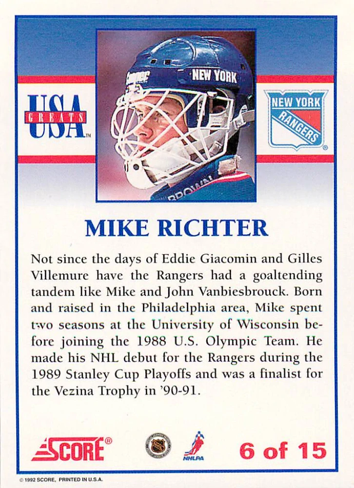 1992-93 Score - Mike Richter - USA Greats #6