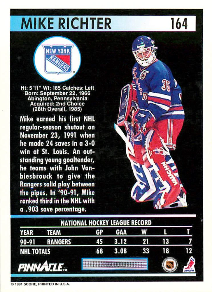 1991-92 Pinnacle - Mike Richter #164