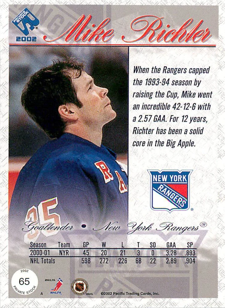 2001-02 Pacific Private Stock - Mike Richter - Retail #65