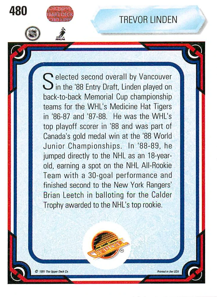 1990-91 UD Series - Trevor Linden #480