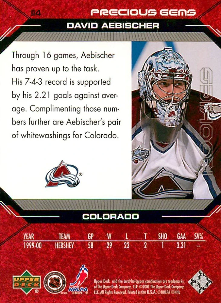 2000-01 UD Black Diamond - David Aebischer - Precious Gems /1999 #114
