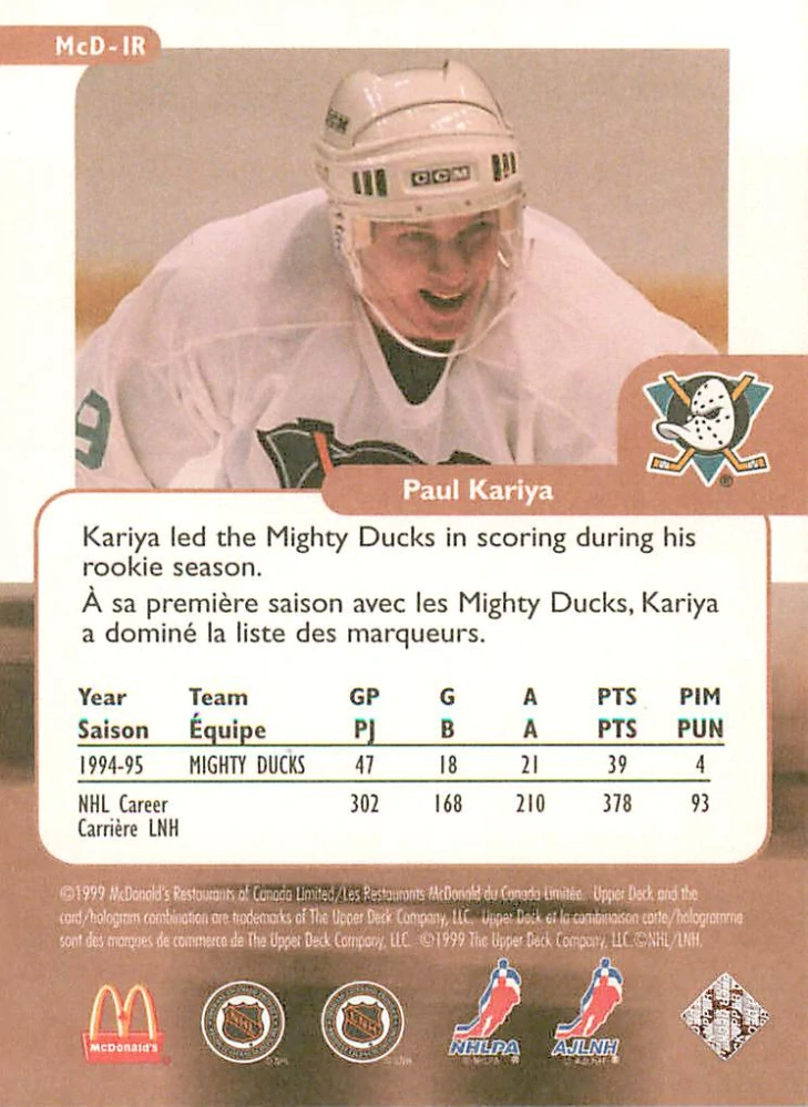 1999-00 UD Retro McDonald's - Paul Kariya - The Rookie Year #McD-1R