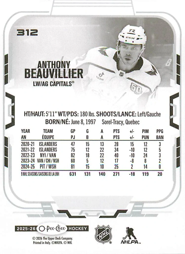 2025-26 UD O-Pee-Chee - Anthony Beauvillier #312