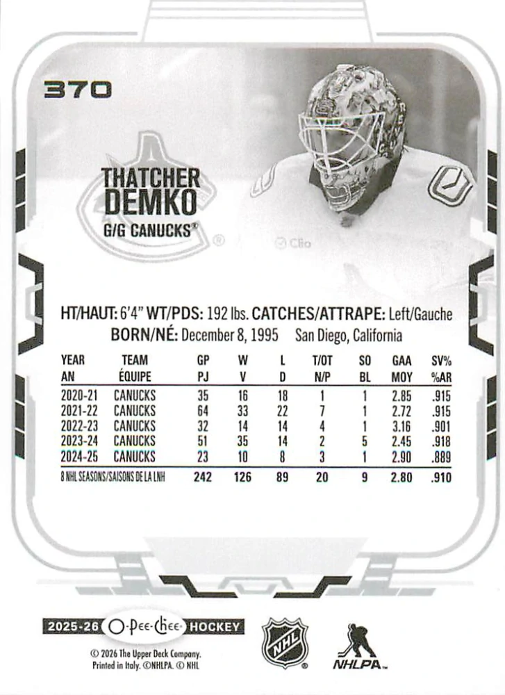 2025-26 UD O-Pee-Chee - Thatcher Demko #370