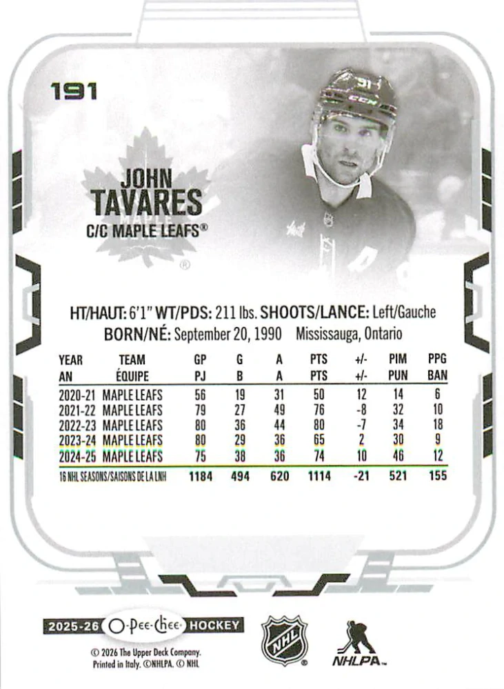 2025-26 UD O-Pee-Chee - John Tavares #191