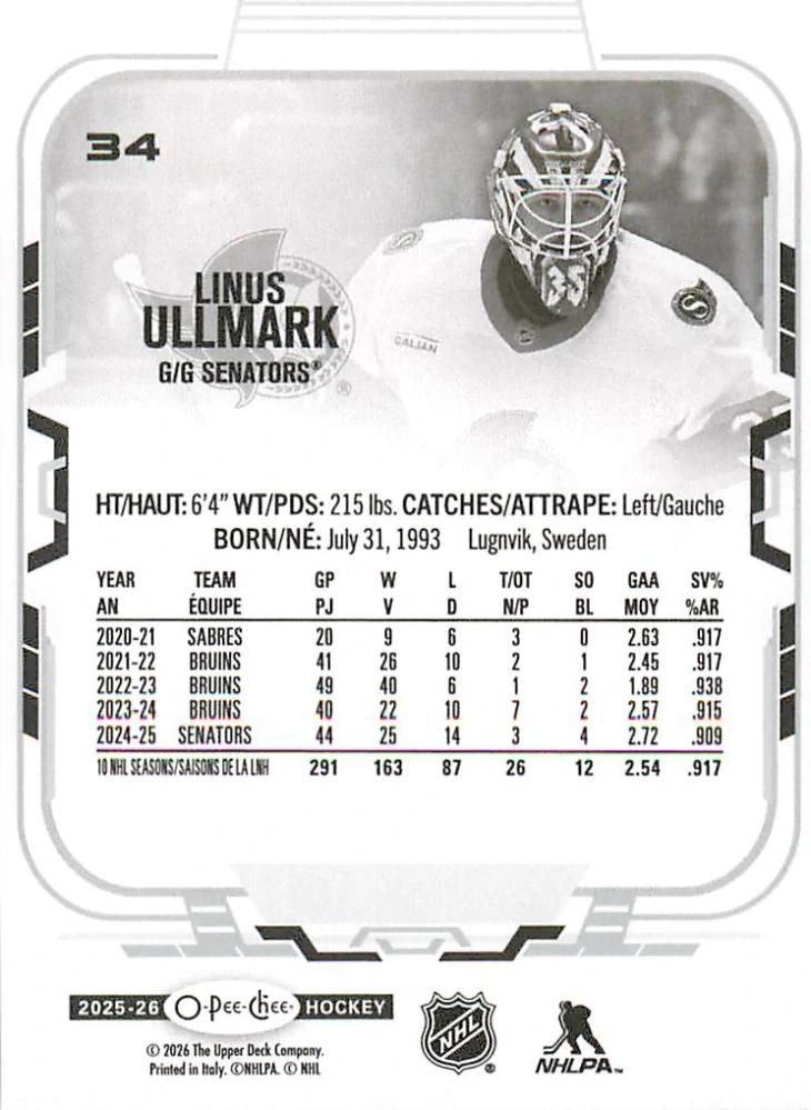 2025-26 UD O-Pee-Chee - Linus Ullmark #34