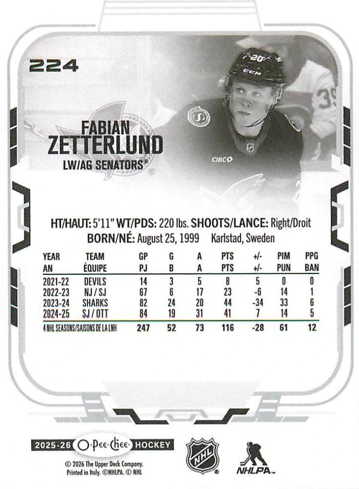 2025-26 UD O-Pee-Chee - Fabian Zetterlund #224
