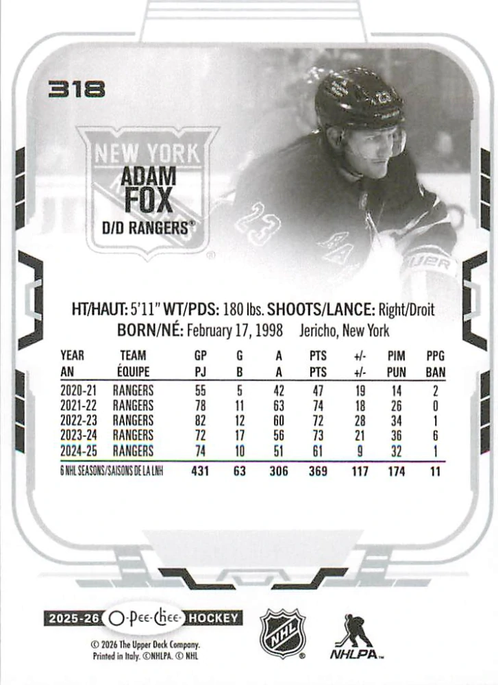 2025-26 UD O-Pee-Chee - Adam Fox #318