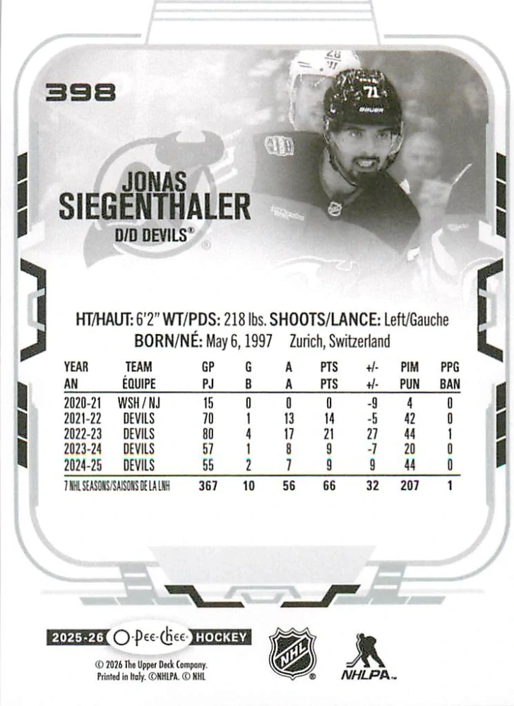 2025-26 UD O-Pee-Chee - Jonas Siegenthaler #398