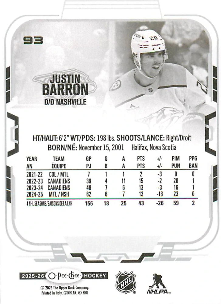 2025-26 UD O-Pee-Chee - Justin Barron #93