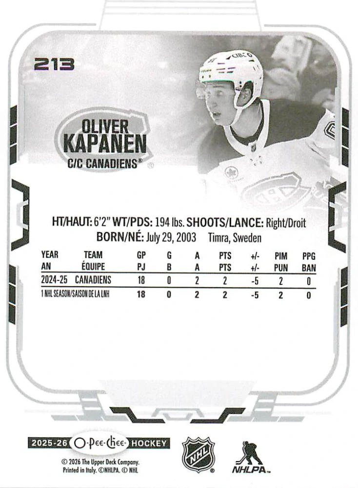 2025-26 UD O-Pee-Chee - Oliver Kapanen #213