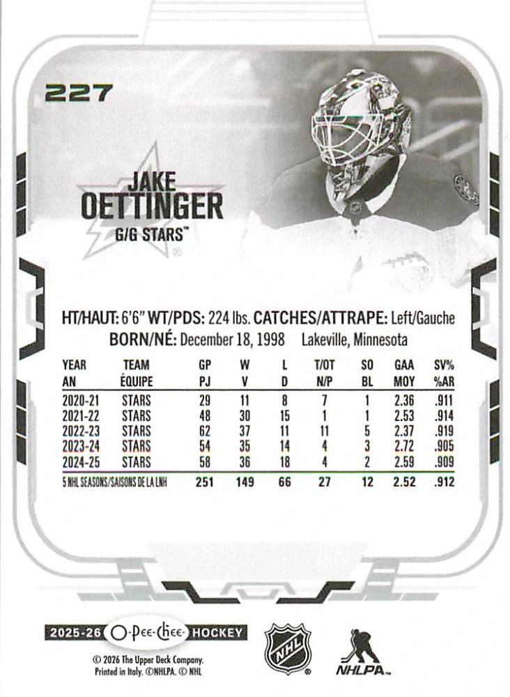 2025-26 UD O-Pee-Chee - Jake Oettinger #227